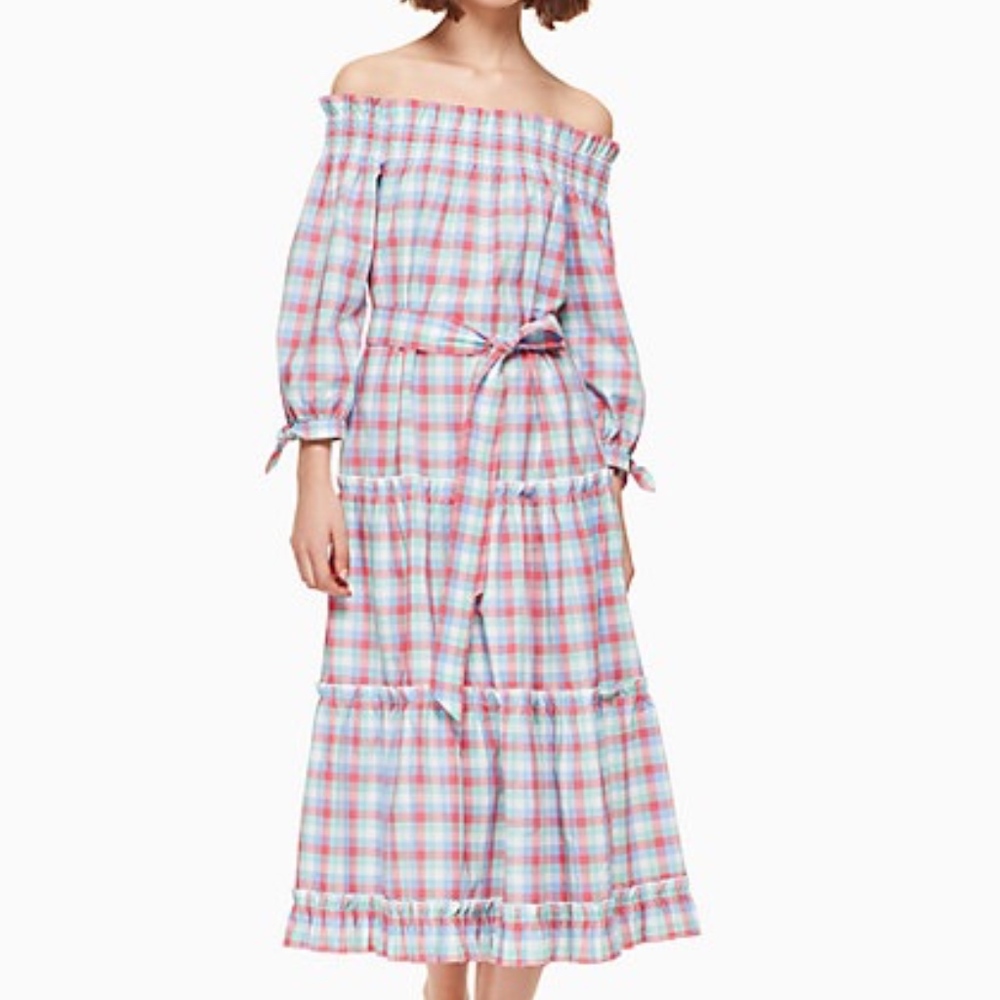 Kate Spade Off The Shoulder Madras Plaid Midi Dres